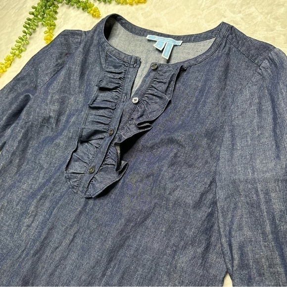 Draper James Chambray Ruffle 3/4 Bell Sleeve 100% Cotton Shift Dress Womens 6 - Picture 4 of 16
